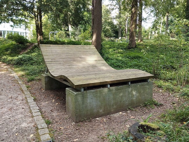 Hinten Wald davor eine sehr große Holzliege