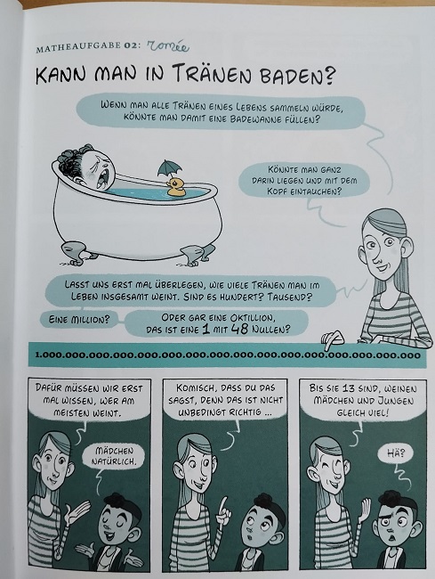 unten ein Comic oben ein Kind in der Badewanne und die Frage kann man in Tränen baden?