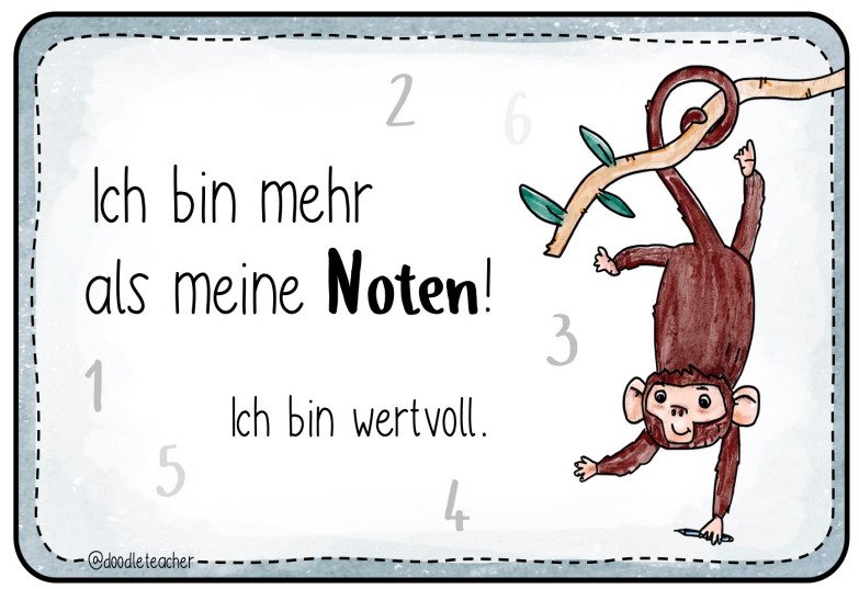 Grafik rechts ein Affe der mit dem Schwanz am Baum hängt
