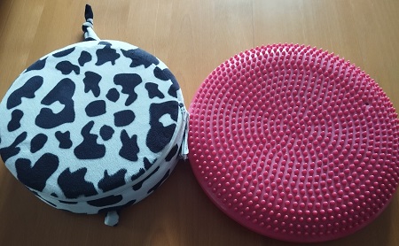 ein Kissen mit Kuhflecken und ein Noppenkissen