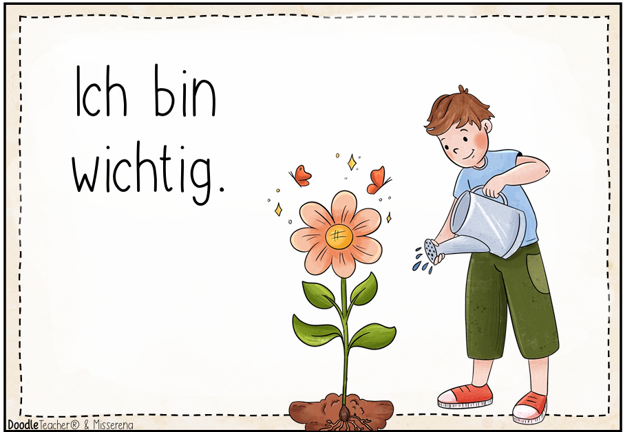 Ich bin Wichtig. Kind das eine Blume gießt