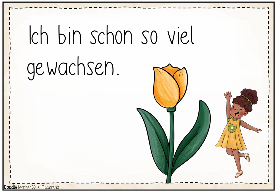 Ich bin schon viel gewachsen. Große Blume, daneben ein Kind das sich freut