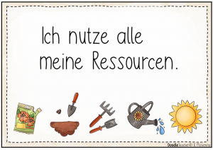 Ich nutze alle meine Ressourcen. Blumensamen danben eine Schaufel mit Erde daneben eine Gießkanne mit Wasser und daneben eine Sonne