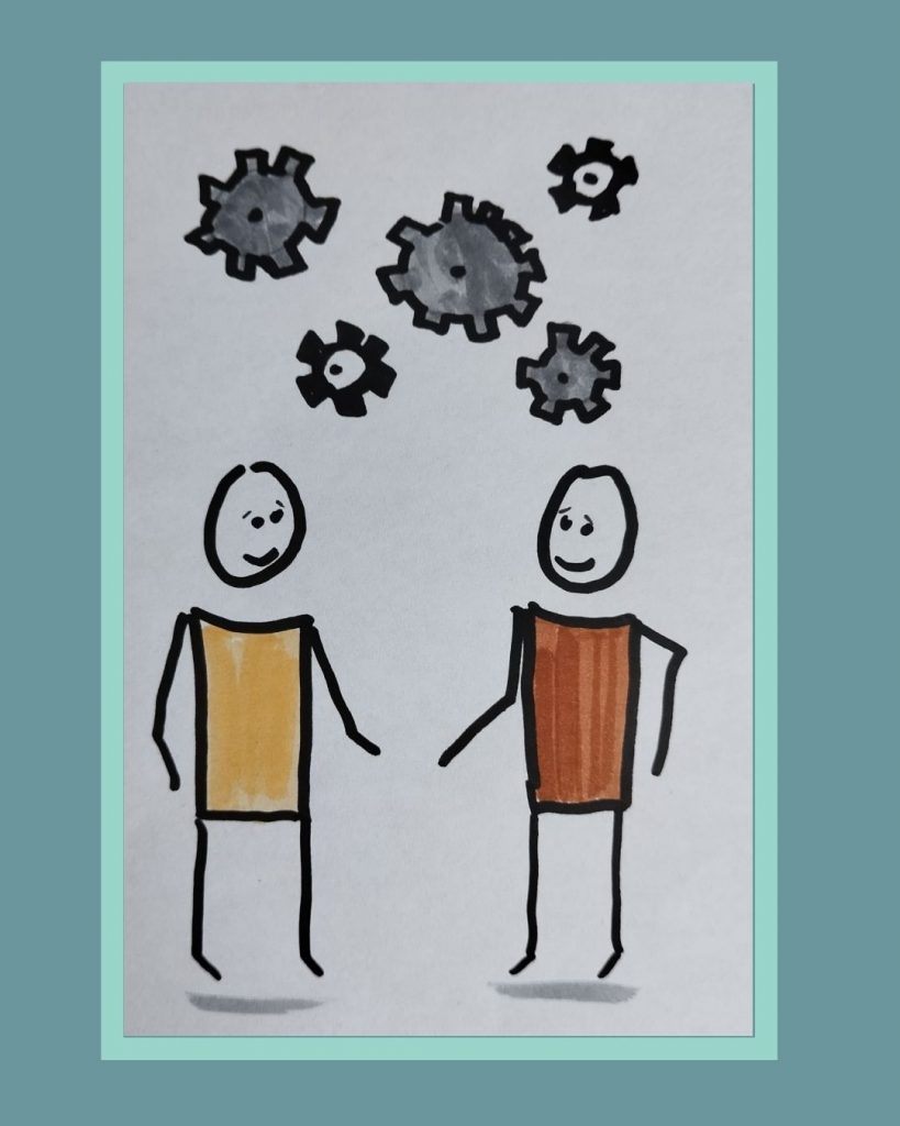 zwei Männchen im Sketchnote Design stehen gegenüber Über den Köpfen Zahnräder